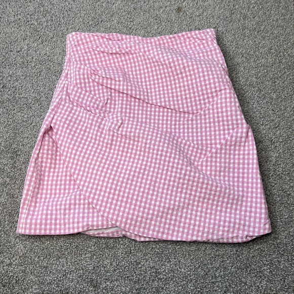 Zara Dresses & Skirts - Zara Skirt Womens Small Pink Gingham Check Wrap Asymmetric Mini Lined High Waist